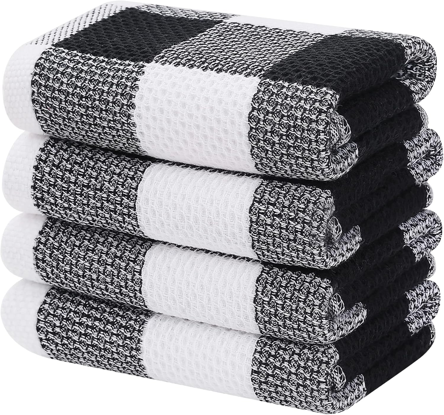 100% Cotton Waffle Weave Check Plaid Kitchen Towels, 13 X 28 Inches, Super Soft and Absorbent Dish Towels for Drying Dishes, 4-Pack, White & Black