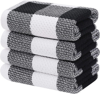 100% Cotton Waffle Weave Check Plaid Kitchen Towels, 13 X 28 Inches, Super Soft and Absorbent Dish Towels for Drying Dishes, 4-Pack, White & Black