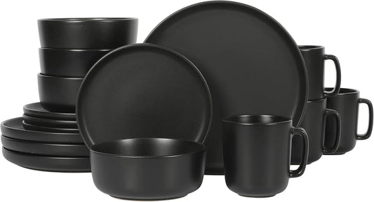 Zuma Stoneware Plates, Bowls, & Mugs Dinnerware Set - Matte Black, Service for Four (16Pcs)