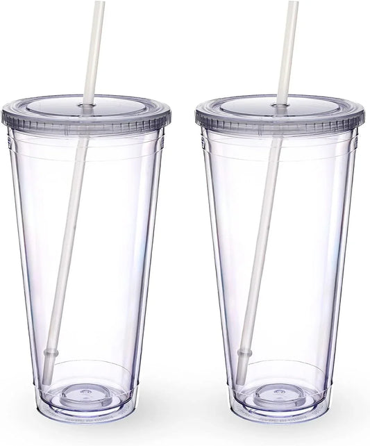 Clear Acrylic Tumbler with Straw and Lid 32 Oz, Double Walled Insulated Reusable Plastic Iced Coffee Cup, to Go Cup Perfect for Parties, Birthdays, Fit in Cupholder, BPA Free, Clear, 2 Pack