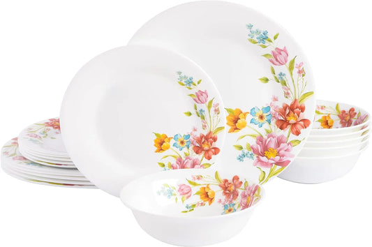 Ultra Break and Chip Resistant 18-Piece round Dinnerware Set, Service for 6 – Red Floral Plates and Bowls, Microwave & Dishwasher Safe