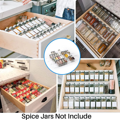 Spice Drawer Organizer, 4 Tier- 8 Pack Kitchen Spice Rack Tray for Drawer, Expandable from 13" to 26" Acrylic Seasoning Organizer Rack Holds up 56 Spice Jars (Jars Not Include)