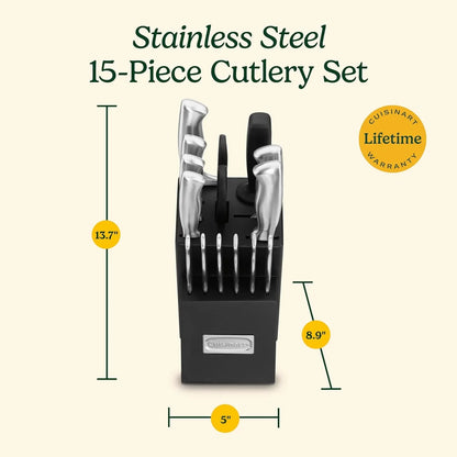 Stainless Steel Hollow Handle 15-Piece Cutlery Block Set, Kitchen Knife Set with Steel Blades for Precise Cutting, Durable Knives with Ergonomic Handles, C77SS-15PK