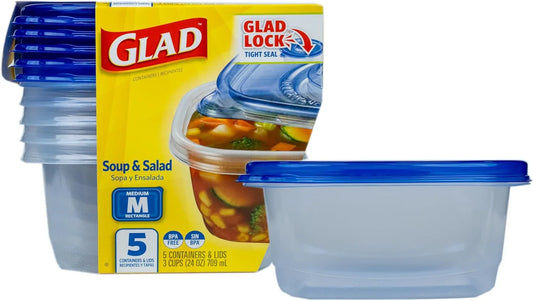 ware Medium Rectangle Food Storage Containers with Lids, BPA Free Plastic for Soups Salads and Meal Prep, Airtight Leak Resistant, Microwave Dishwasher Freezer Safe, 24 Oz, 5 Count