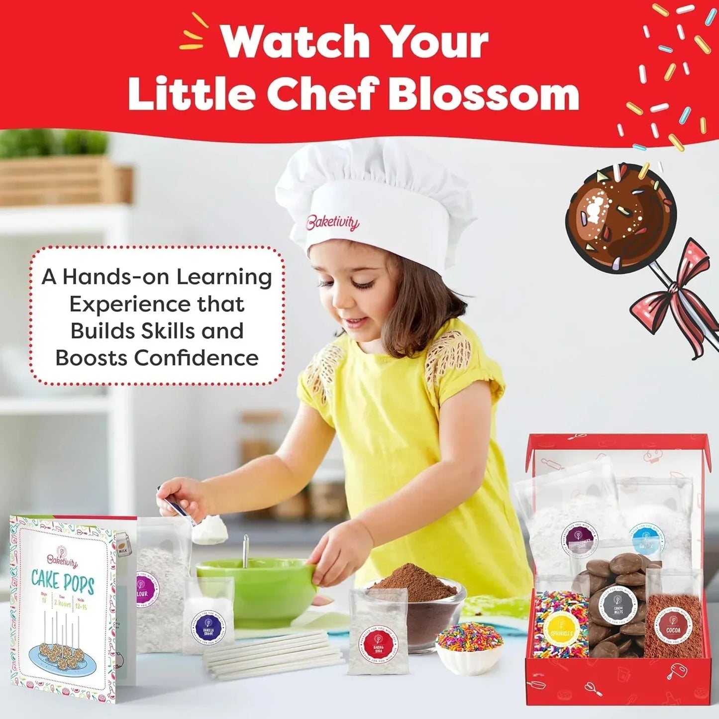 Child baking cake pops with Baketivity kit, mixing ingredients in green bowl, colorful sprinkles and chocolate chips nearby