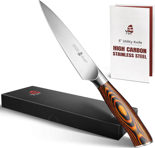 Utility Knife, 5 Inch Small Kitchen Knife for Paring & Slicing, with Ergonomic Pakkawood Handle, High Carbon German Stainless Steel - Fiery Phoenix Series