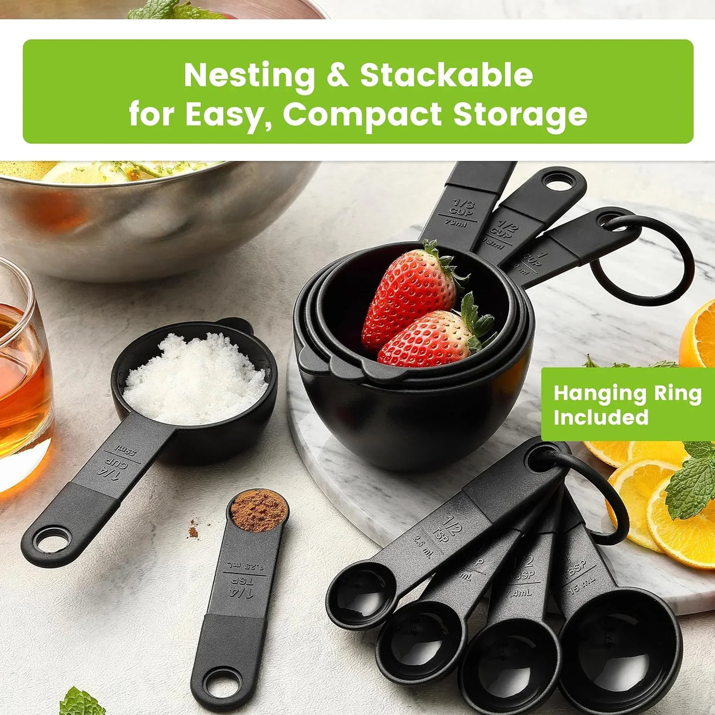 Magnetic Measuring Cups and Spoons Set of 9, Nesting Kitchen Tool with Easy to Read Markings for Measuring Dry or Liquid Ingredient, BPA Free, Black