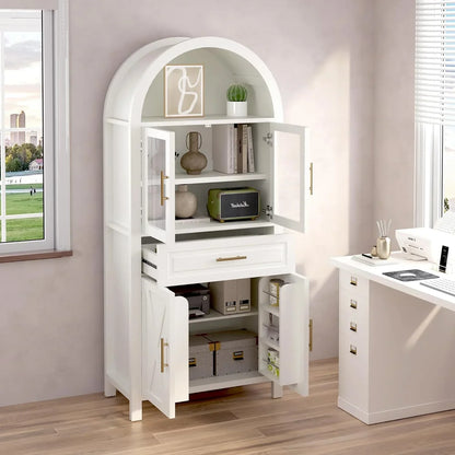 White arched storage cabinet with glass doors, shelves, and drawers for home organization