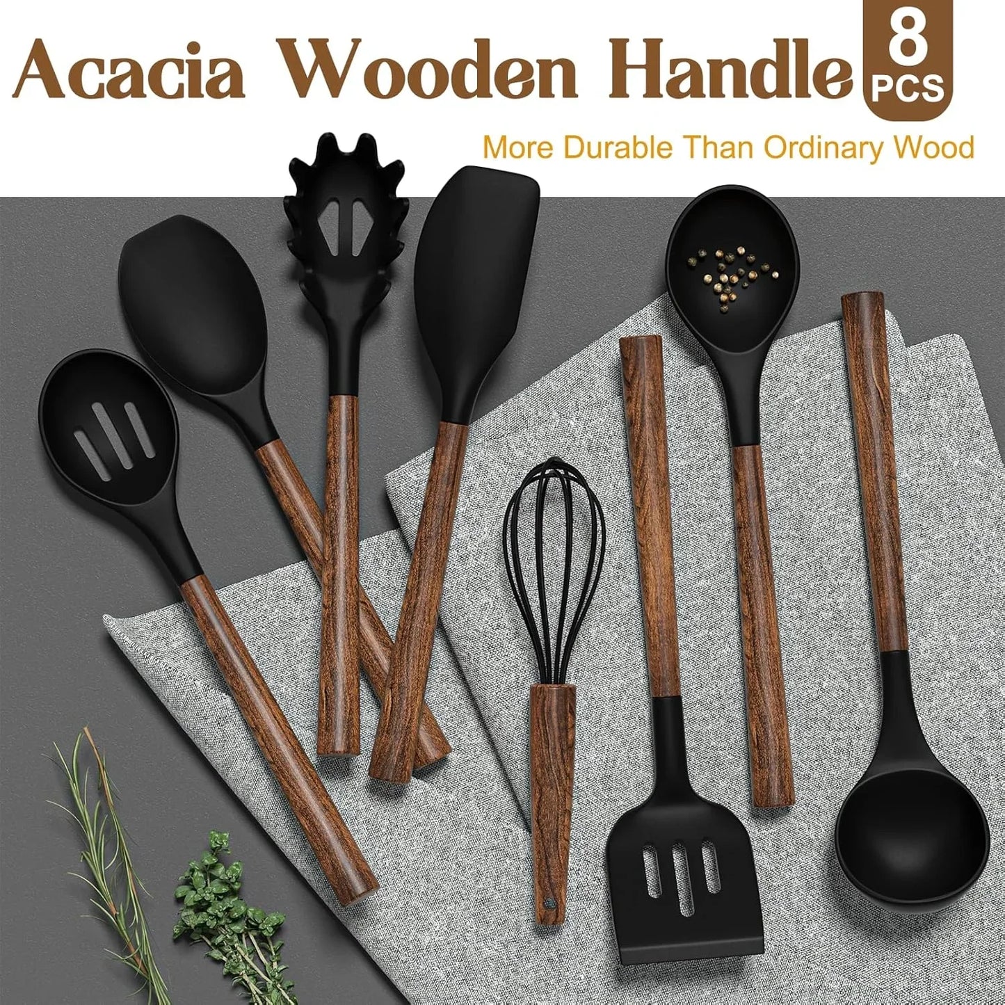 Silicone Cooking Utensil Set,  8-Piece Kitchen Utensils Set with Natural Acacia Wooden Handles,Food-Grade-Silicone Kitchen Gadgets Spatulas Set for Nonstick Cookware- Black