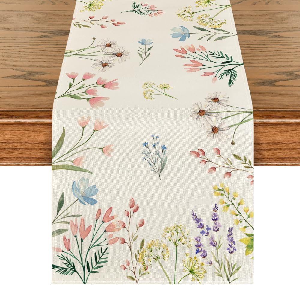 Flowers Floral Summer Table Runner, Seasonal Spring Fall Kitchen Dining Table Decoration for Home Party 13X72 Inch