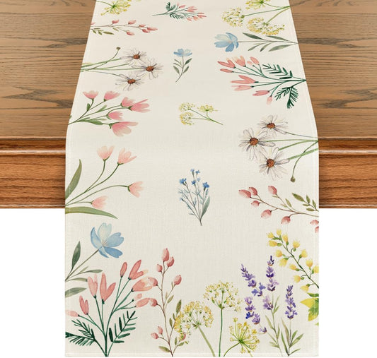 Flowers Floral Summer Table Runner, Seasonal Spring Fall Kitchen Dining Table Decoration for Home Party 13X72 Inch