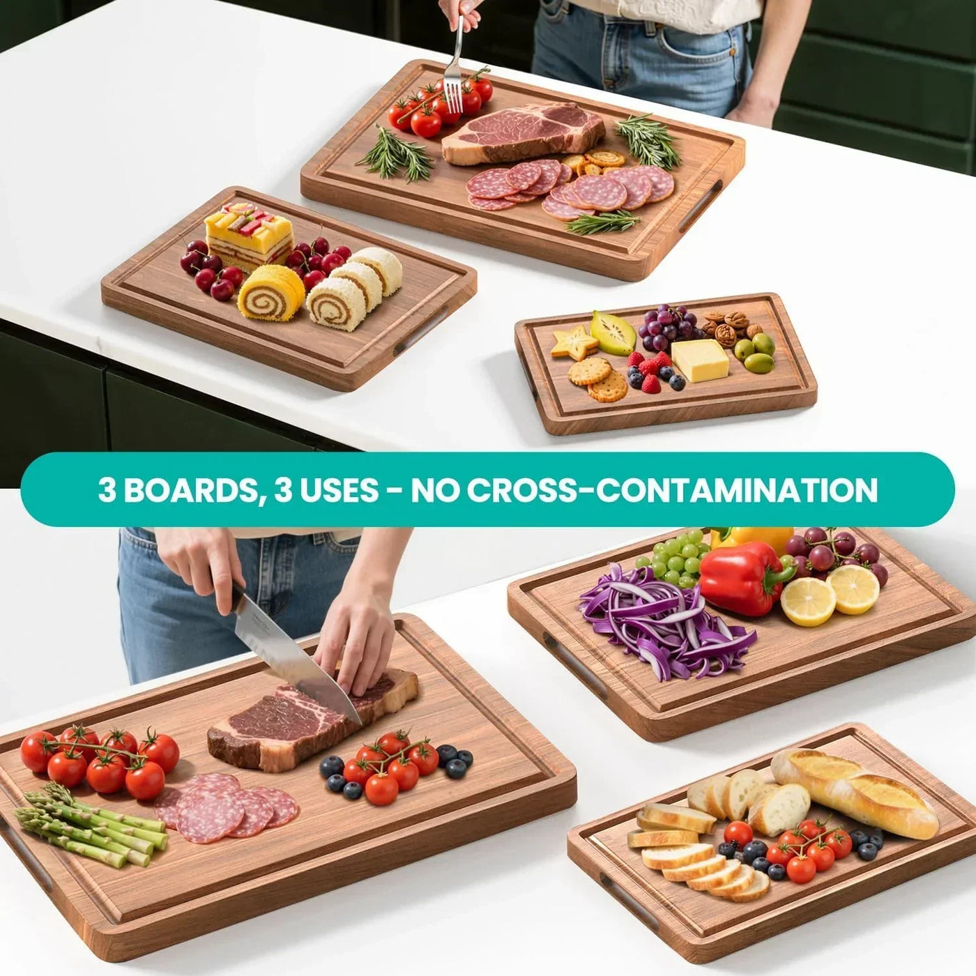 Wooden cutting boards for meat, cheese, and veggies — no cross-contamination, kitchen prep essentials