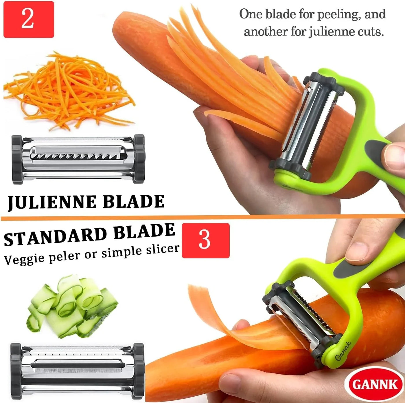 Potato Apple Vegetable Peelers for Kitchen, I and Y Peelers for Fruit Veggie Potatoes Carrot Cucumber, 3 in 1 Blade Spin Design with Julienne Function