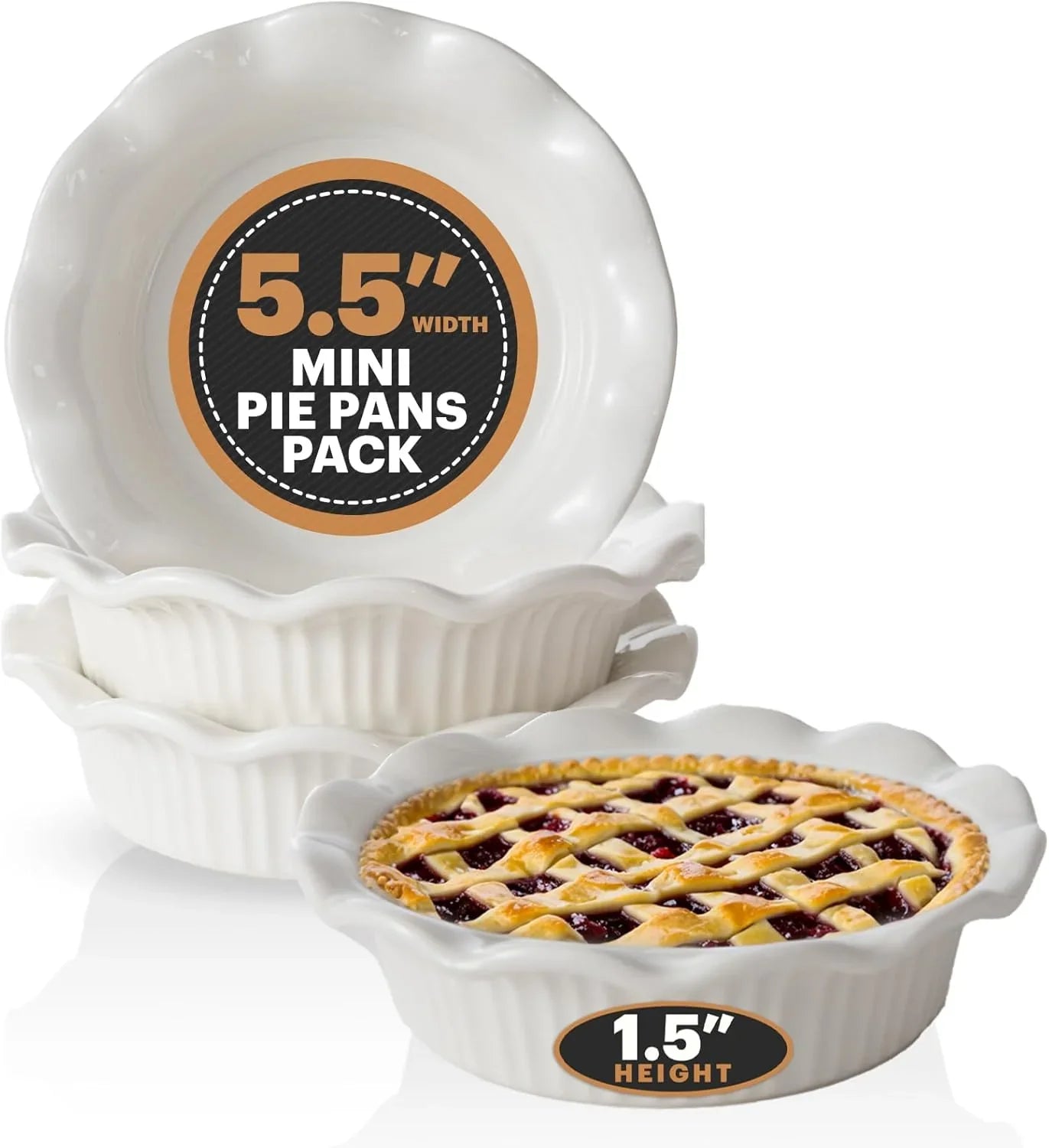 White Ceramic Mini Pie Pans - Set of 4 - Small 5.5 Inch Pie Pans with Classic Fluted Rims - Individual Pot Pie Pans for Pot Pies, Quiches, Puddings - Pot Pie Baking Dishes