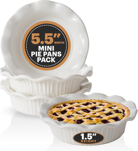 White Ceramic Mini Pie Pans - Set of 4 - Small 5.5 Inch Pie Pans with Classic Fluted Rims - Individual Pot Pie Pans for Pot Pies, Quiches, Puddings - Pot Pie Baking Dishes