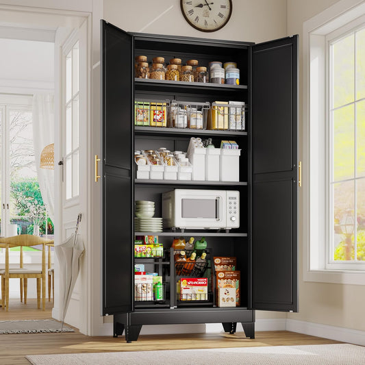 71" Tall Metal Storage Cabinet with 2 Doors and 4 Adjustable Shelves, Kitchen Pantry Cabinet Black Freestanding Cupboard, 5 Tier Multifunctional Steel Storage for Office, Kitchen, Dining Room