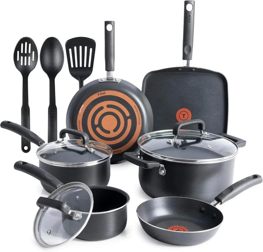 T-fal nonstick cookware set with pots, pans, and utensils for everyday cooking