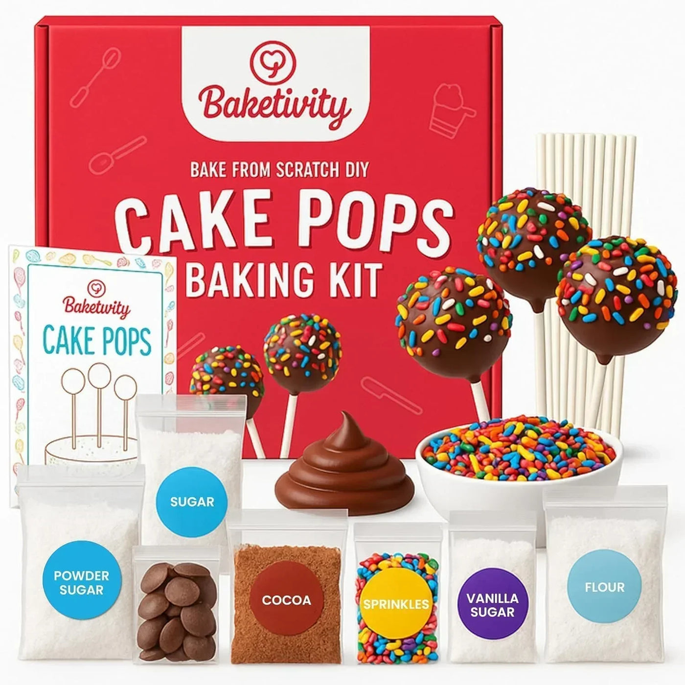 Baketivity DIY Cake Pops Baking Kit with chocolate, sprinkles, sugar, cocoa, and sticks for homemade treats