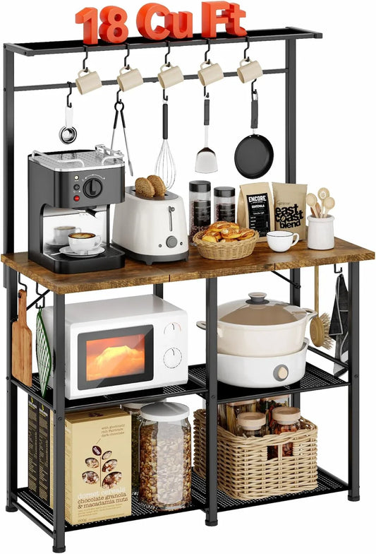 YASONIC Coffee Bar, Bakers Rack with Storage, 34.3 Inches Microwave Stand, 4 Tier Kitchen Shelves Appliance Storage, 14 S Hooks Large Coffee Station for Spices, Pots and Pans, Rustic Brown