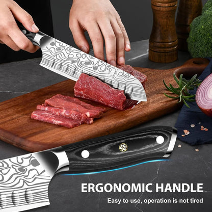 7" Santoku Knife,High Carbon Stainless Steel Chef Knife,Kitchen Nakiri Knife with Finger Guard and Knife Sharpener,Chef Knife Gift Box for Family,For Family and Friends