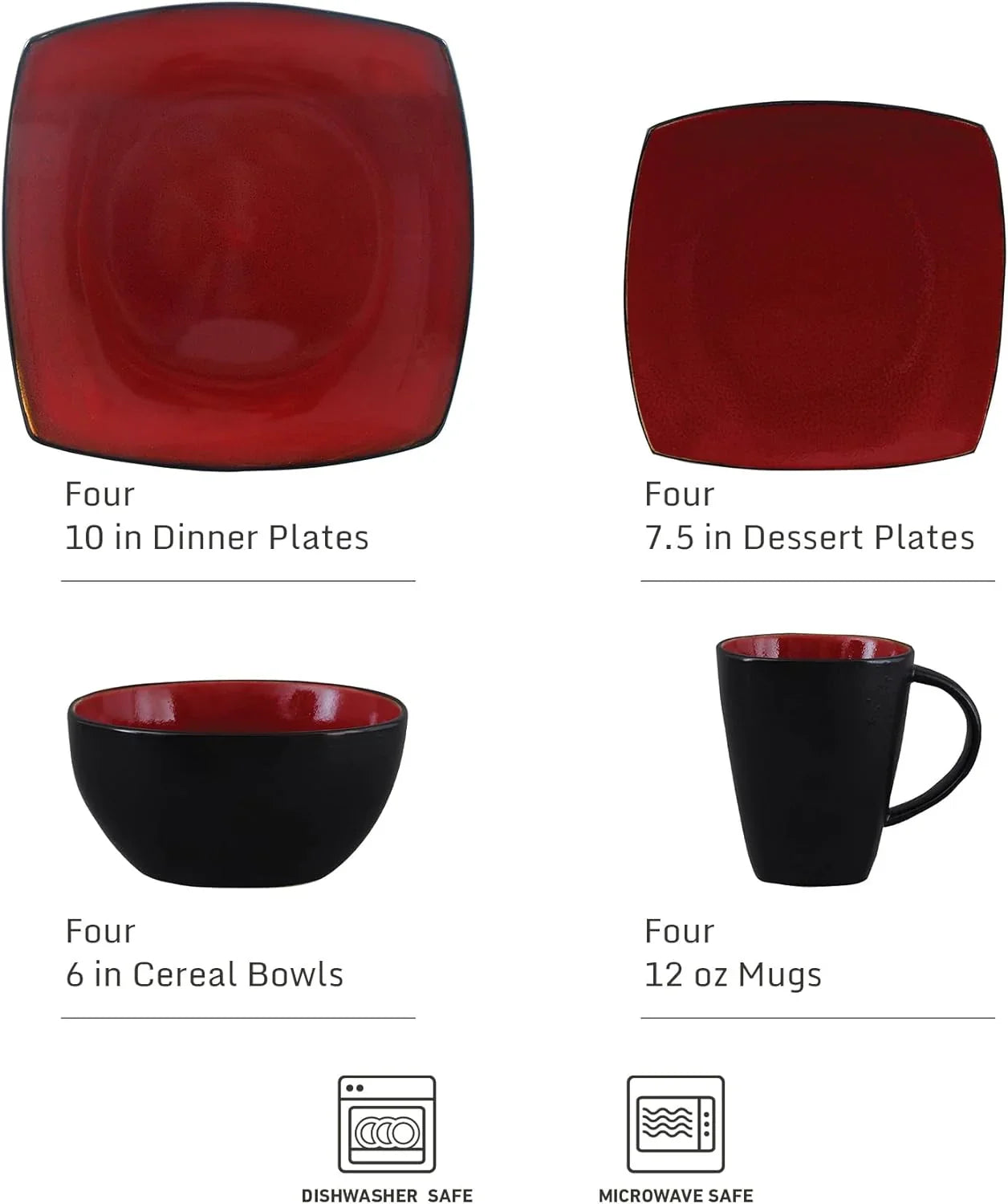 Soho Lounge Square 16-Piece Dinnerware Set, Service for 4, Reactive Glaze Stoneware Plates and Bowls, Modern Dishes, Microwave & Dishwasher Safe – Red and Black