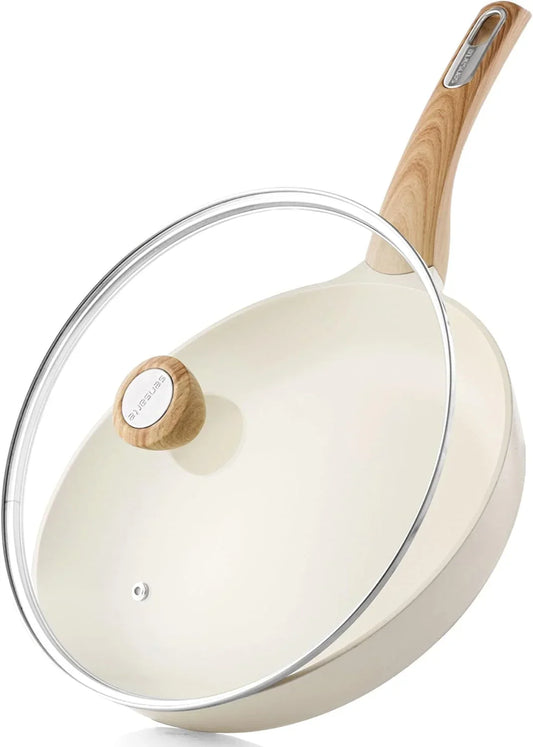 Ceramic Nonstick Frying Pan Skillet with Lid 8Inch Non Stick Omelet Pans, Non-Toxic Healthy Kitchen Cooking Chefs Pan, Free of Intentionally Added PFOA/PFAS/PTFE, Induction Compatible, White