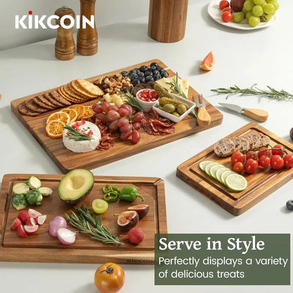 Wood Cutting Boards for Kitchen, 3 PCS Wooden Cutting Board Set with Holder, Chopping Board with Built-In Compartments and Juice Groove, Solid Charcuterie Board Serving Tray Wood Butcher Block
