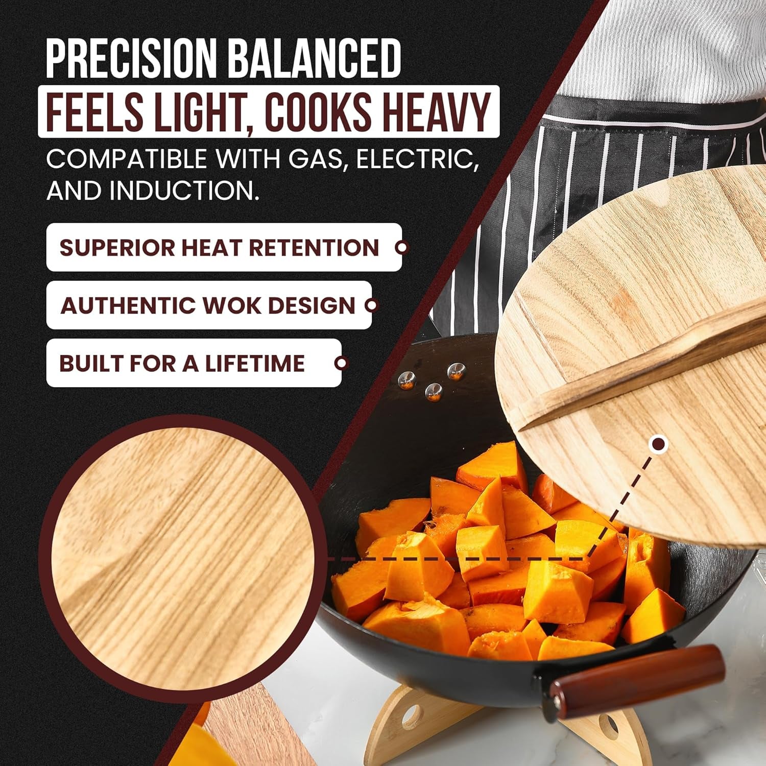 Pre-Seasoned Cast Iron Nonstick Stir-Fry Pan | Dual Handles & 4 Spatulas | Flat Bottom Wok with Wooden Lid & Wood Handle | Traditional Chinese Induction Wok (32Cm)