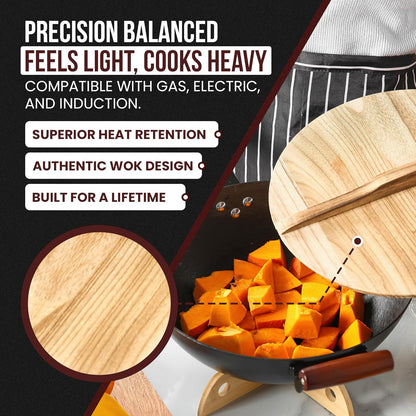 Pre-Seasoned Cast Iron Nonstick Stir-Fry Pan | Dual Handles & 4 Spatulas | Flat Bottom Wok with Wooden Lid & Wood Handle | Traditional Chinese Induction Wok (32Cm)