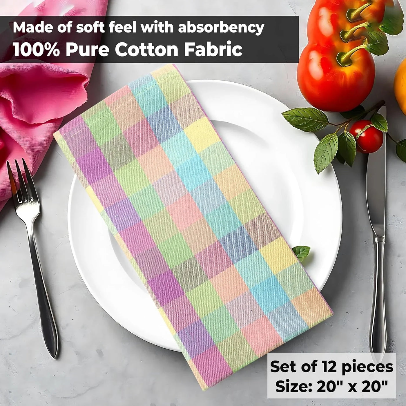 Cloth Napkins Set of 12 20X20 Inches 100% Cotton Napkins Cloth Washable Soft Durable Reusable Absorbent Table Dinner Napkins Cloth for Easter Decorations Restaurant Weddings-Easter Checks