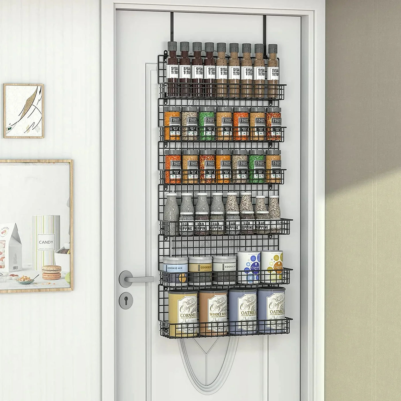 6-Tier Spice Rack Organizer with Door Hook, Wall Mounted & over the Door Spice Racks for Kitchen Pantry Door Cabinet, Two Size, Large Capacity, Black