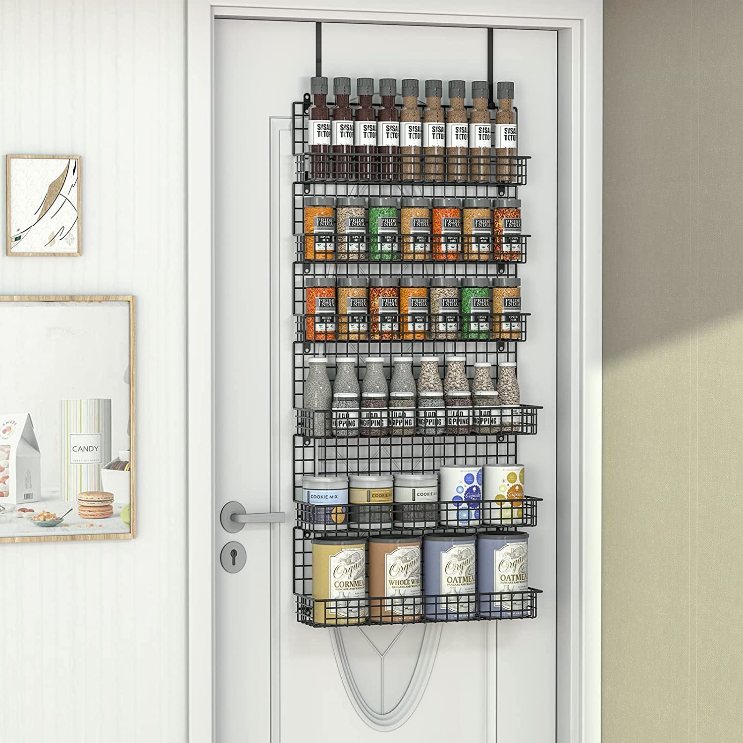 6-Tier Spice Rack Organizer with Door Hook, Wall Mounted & over the Door Spice Racks for Kitchen Pantry Door Cabinet, Two Size, Large Capacity, Black