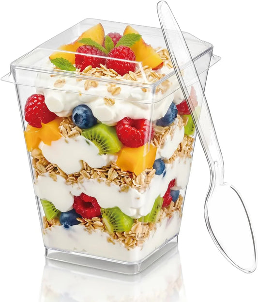 50Pack 5Oz Plastic Dessert Cups with Lids and Spoons, Reusable Clear Parfait Appetizer Cups, Square Party Shooter Serving Cup, Mini Dessert Shot Glasses for Tasting