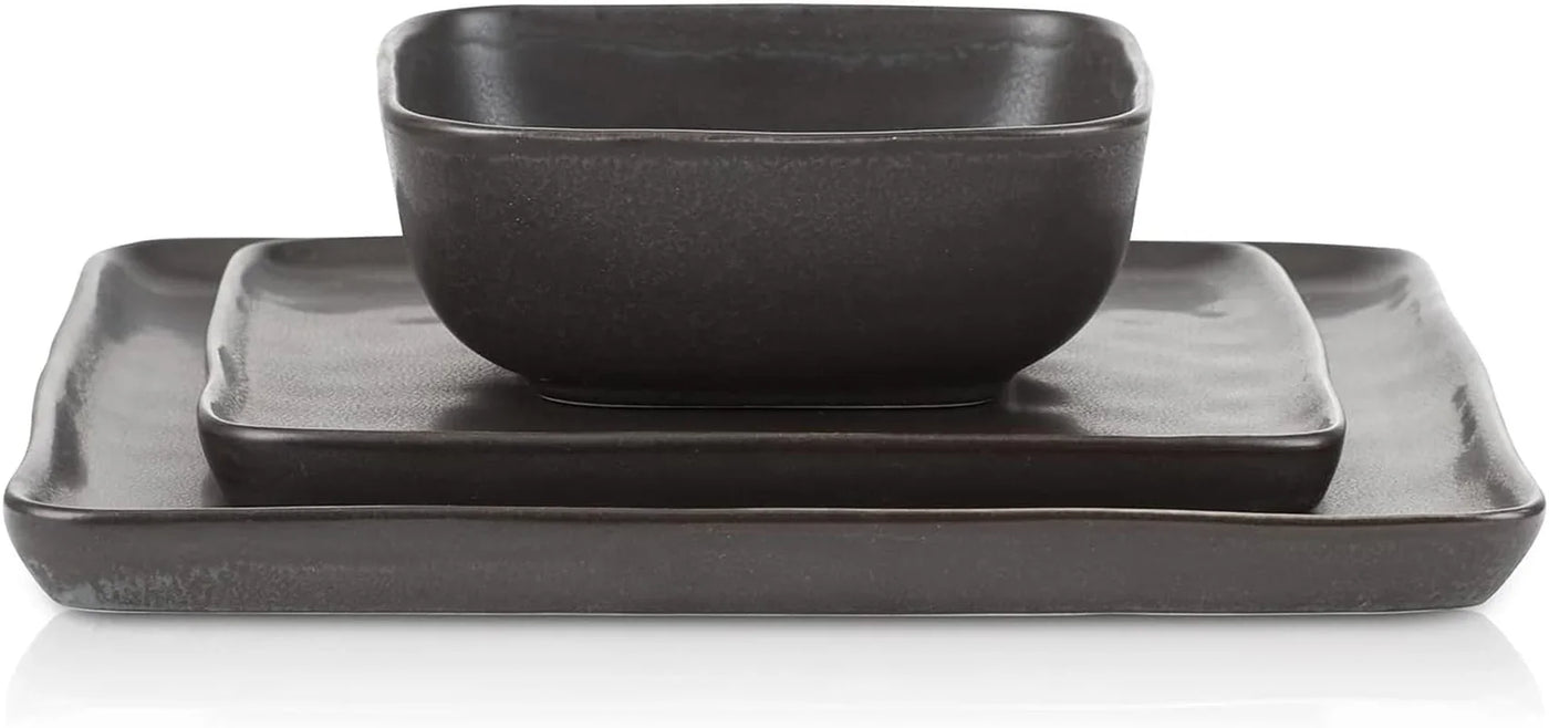 Jonny Stoneware 12 Piece Dinnerware Set, Home Kitchen Modern Square Dish Set with Dinner Plates, Salad Plates, & Bowls, Brown