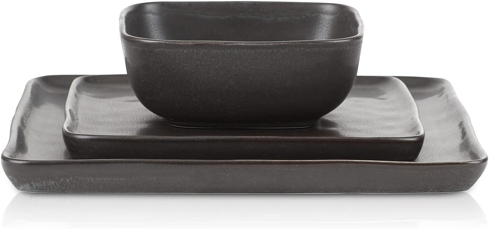 Jonny Stoneware 12 Piece Dinnerware Set, Home Kitchen Modern Square Dish Set with Dinner Plates, Salad Plates, & Bowls, Brown
