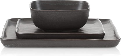 Jonny Stoneware 12 Piece Dinnerware Set, Home Kitchen Modern Square Dish Set with Dinner Plates, Salad Plates, & Bowls, Brown