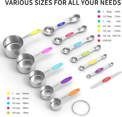 Measuring Cups and Magnetic Measuring Spoons Set, Stainless Steel Measuring Cups, 6 Double-Sided Stainless Steel Measuring Spoons & 1 Leveler (12)