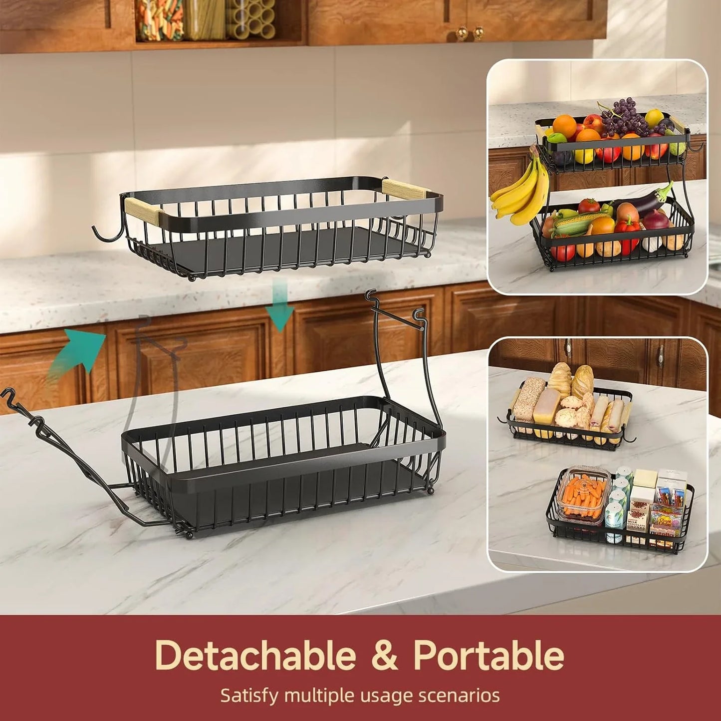 2 Tier Large Fruit Basket for Kitchen Counter with 2 Mobile Banana Hangers, 2026 Pro Detachable Metal Fruit Bowl with Wooden Handle, Fruit Holder for Bread Snack Veggies with Protective Mats