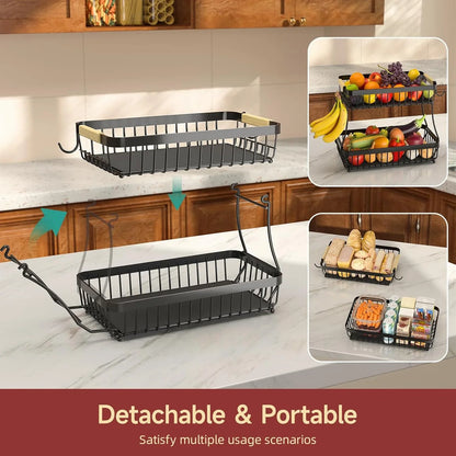 2 Tier Large Fruit Basket for Kitchen Counter with 2 Mobile Banana Hangers, 2026 Pro Detachable Metal Fruit Bowl with Wooden Handle, Fruit Holder for Bread Snack Veggies with Protective Mats