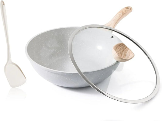Ceramic Wok Pan, 12 Inch Nonstick Wok with Lid, Healthy Non Toxic Woks & Stir-Fry Pans for Cooking, Induction Cookware, PFOA & PFAS Free (Grey)
