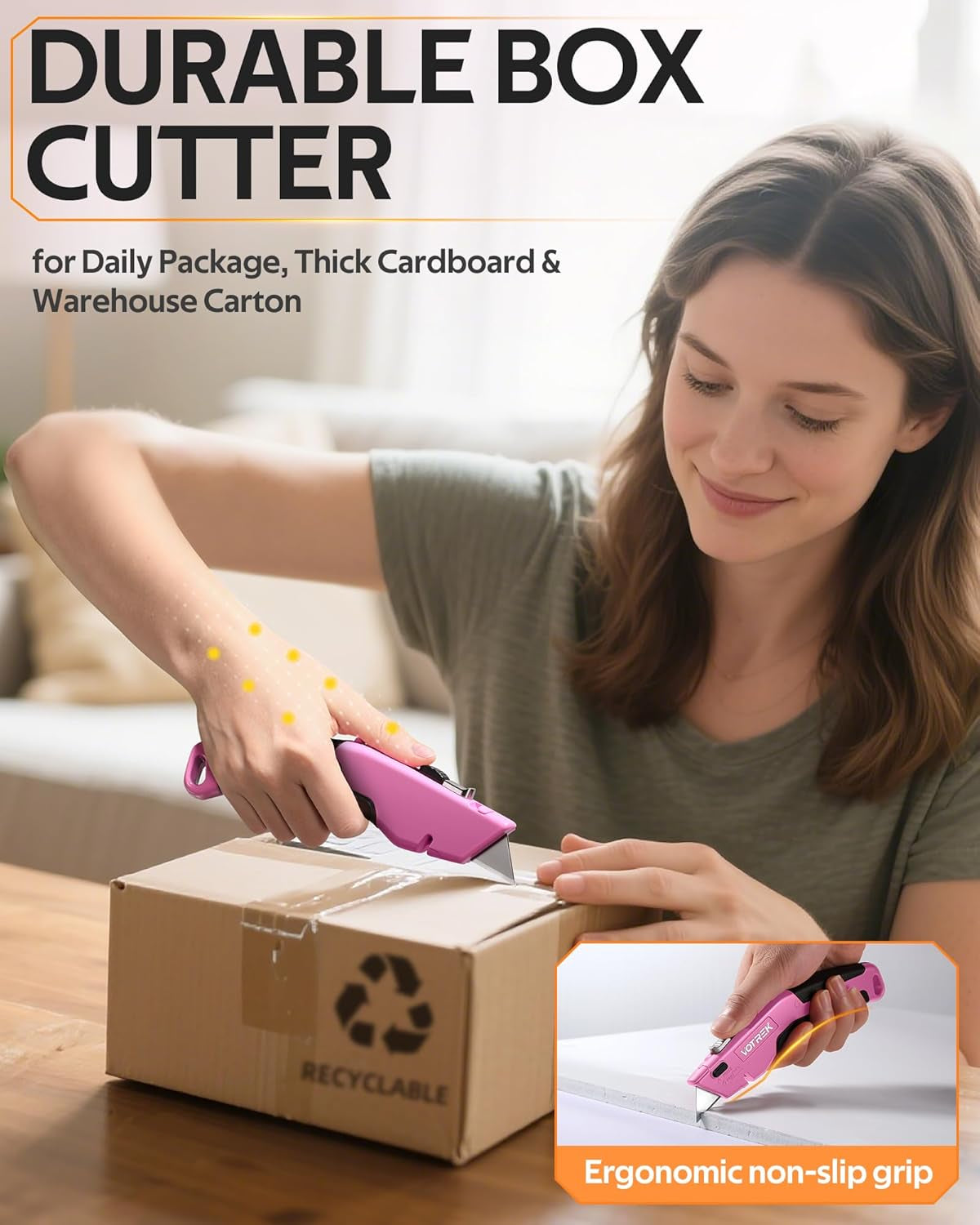 ® Box Cutter Utility Knife, 2-In-1 Safety Retractable Box Cutter for Women, Quick Change Razor Knife for Home, Office & DIY, Blade Storage Design, with Extra Sharp Razor & Hook Blades (Pink)