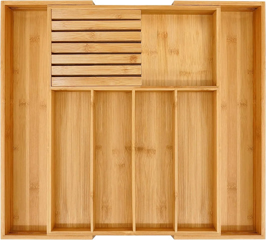 Bamboo Silverware Drawer Organizer Kitchen, Expandable Utensil Organizer with Knife Block, Cutlery Tray with Divider, Multifunctional Drawer Organizer