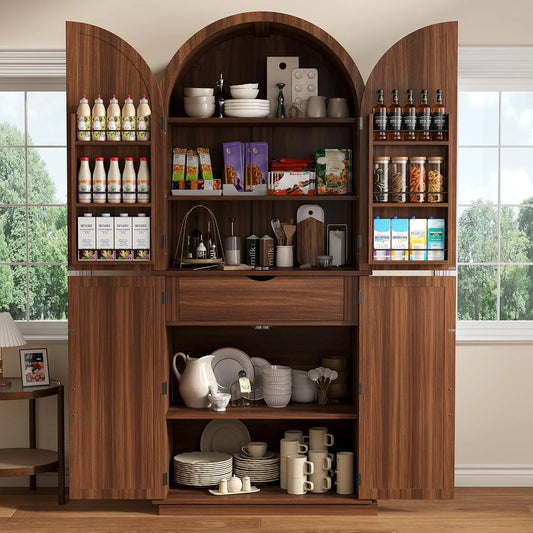 71" Arched Cabinet with Doors, Tall Farmhouse Kitchen Pantry with 6-Tier Door Shelves & Drawer & Adjustable Shelves, Modern Wood Storage Cabinet for Dining, Living Room, Bathroom, Walnut