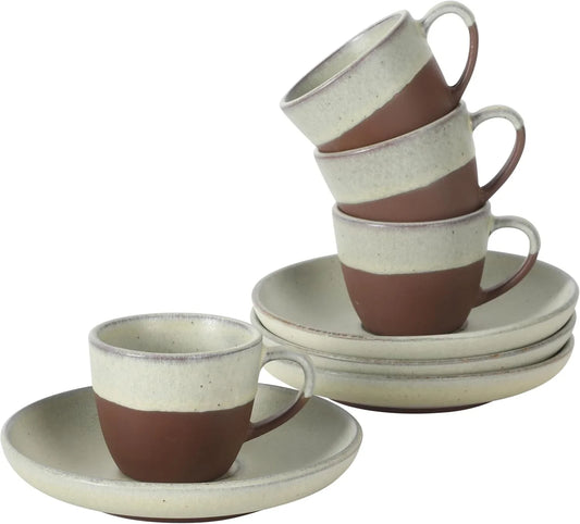 William Crest 8 Piece Cup & Saucer Set, 4 Stoneware Cups & 4 Saucers, Reactive Glaze Finish, 3.5Oz Espresso Cups, 5.5” Saucers, round Coffee Set, Microwave & Dishwasher Safe - Green