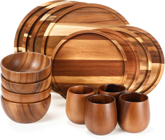 16 Pcs Acacia Wood Dinnerware Set, round Wooden Plates,Solid Wooden Bowls and Tea Cups, Acacia Wood Tableware Supplies, Easy Cleaning & Lightweight for Dishes Snack, Dessert, Set for 4