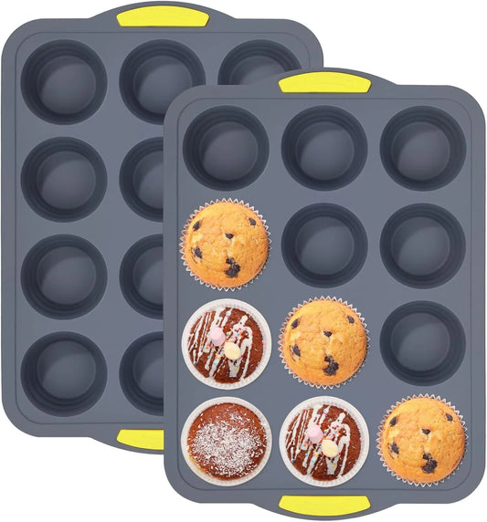 Muffin Pans for Baking 2 Pack, 12-Cup Regular Size Cupcake Pan, Muffin Trays for Cupcake Baking, Silicone Tray Molds with Metal Reinforced, Oven & Dishwasher Safe, Bpa-Free