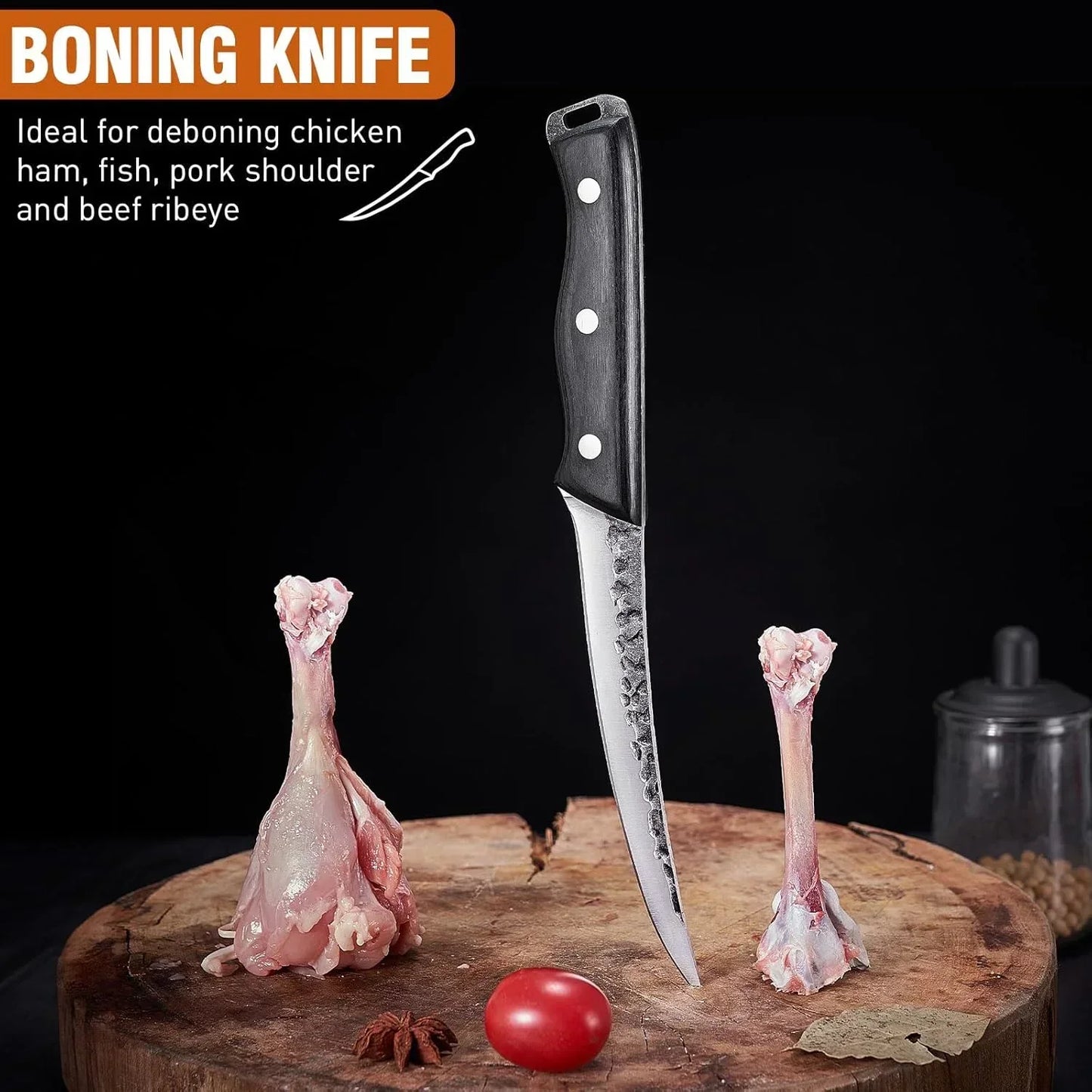 Boning knife for deboning chicken, ham, fish, pork, and beef on wooden cutting board