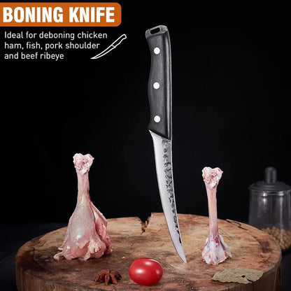 Boning knife for deboning chicken, ham, fish, pork, and beef on wooden cutting board