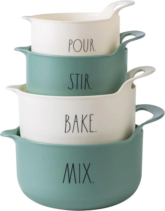Non-Slip Mixing Bowls - 4 Piece Nesting Plastic Mixing Bowl Set with Pour Spouts and Handles-Measurement Markings (Sage)