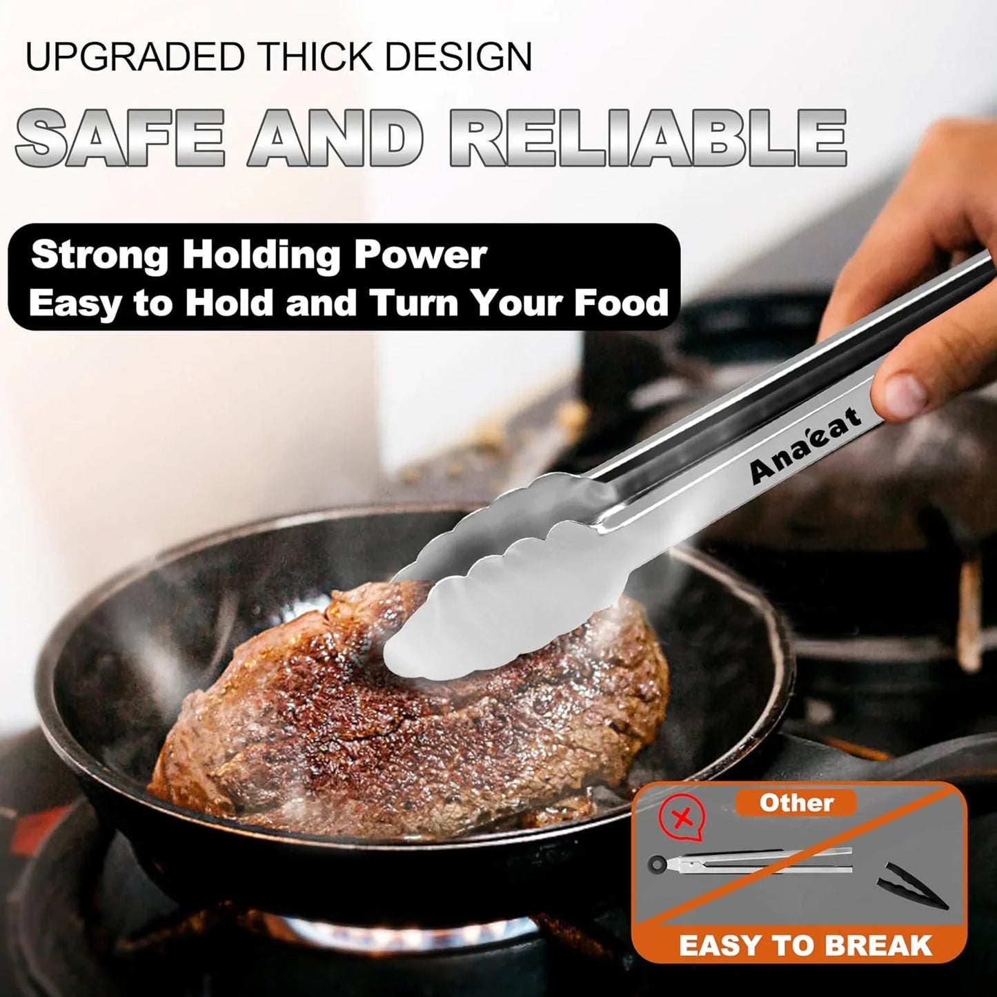Premium Kitchen Locking Tong Set of 3 - Heavy Duty Stainless Steel Food Tongs with Long Handle & Non-Slip Silicone Grip for Cooking, Baking, Grilling - Heat Resistant up to 480°F